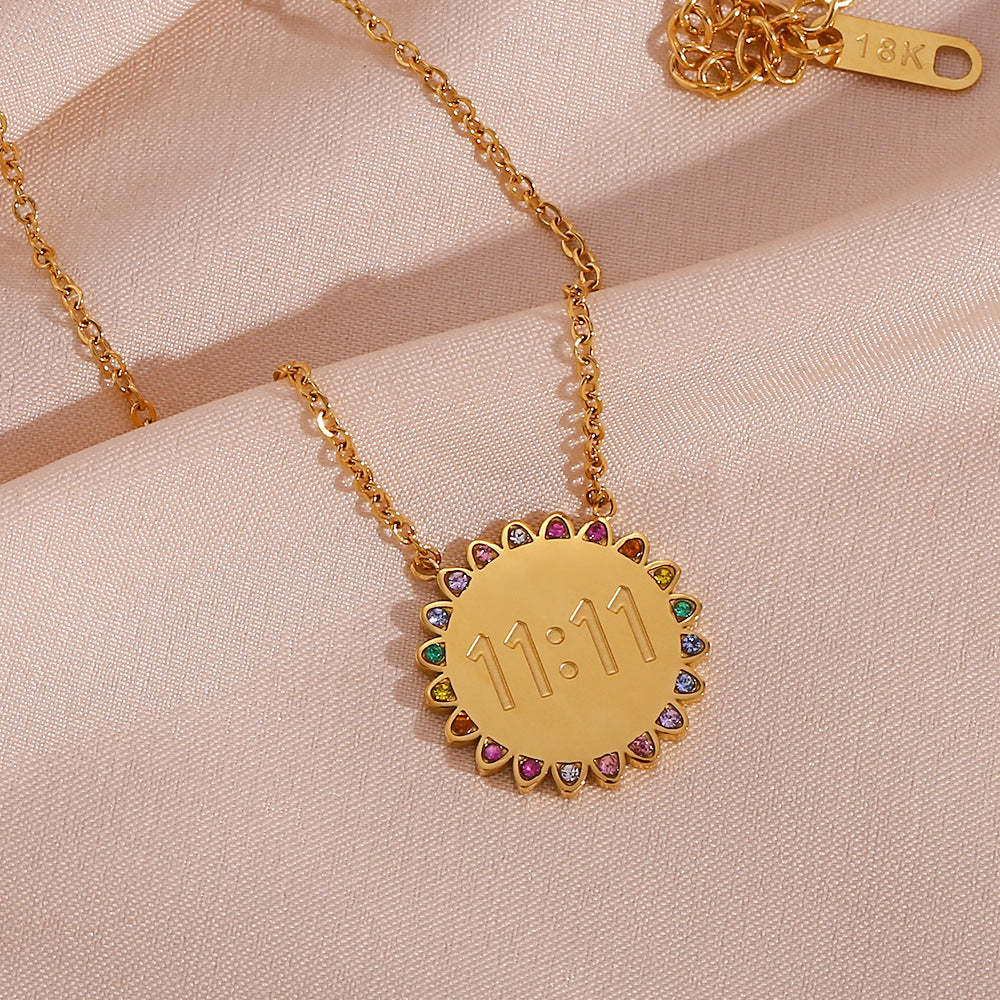 Stainless Steel Plated 18K Gold Micro Inlay Rhinestone SUNFLOWER Pendant Necklace