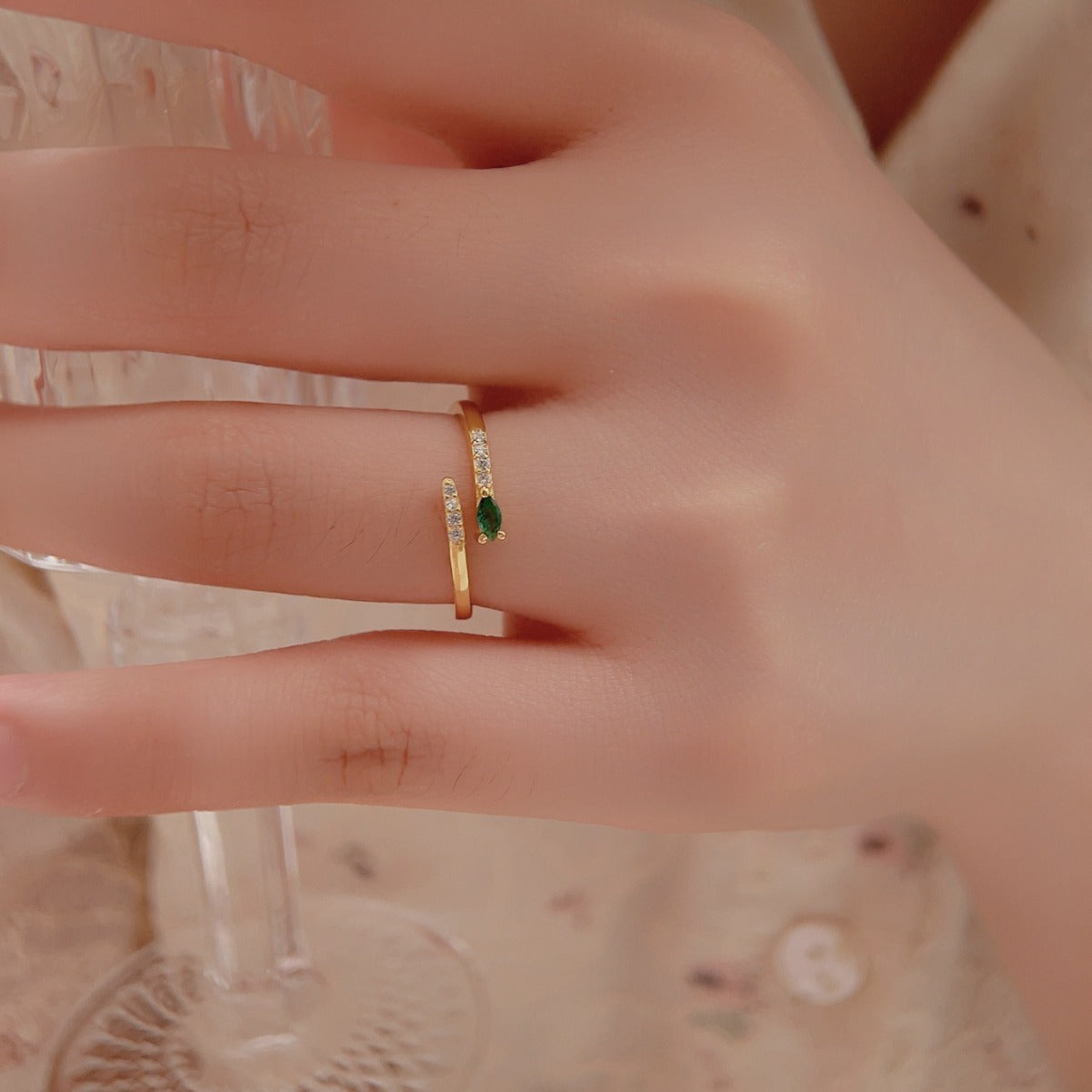 S925 Silver Green Zirconium Open Zircon Opal Ring