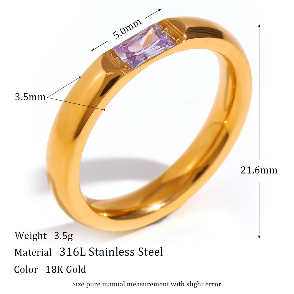 Stainless Steel Plated 18K Gold Rectangular Zircon Birthstone Ring For Women