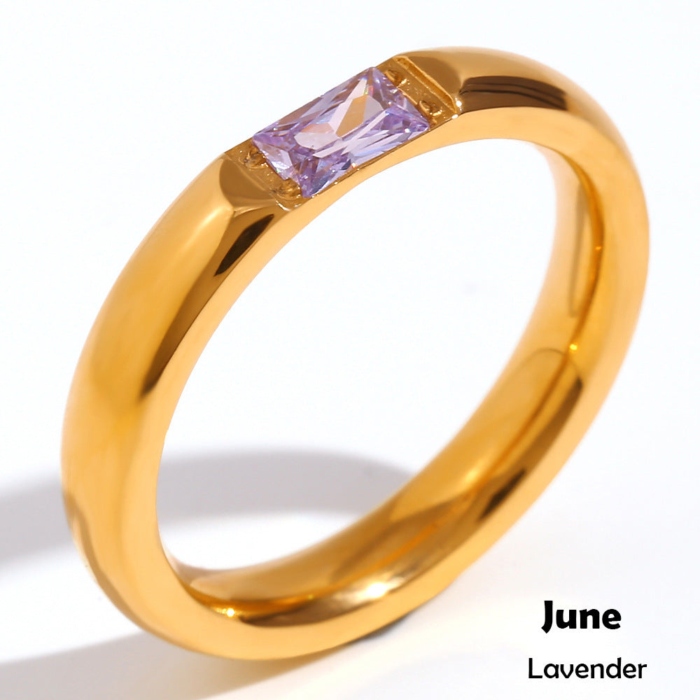 Stainless Steel Plated 18K Gold Rectangular Zircon Birthstone Ring For Women
