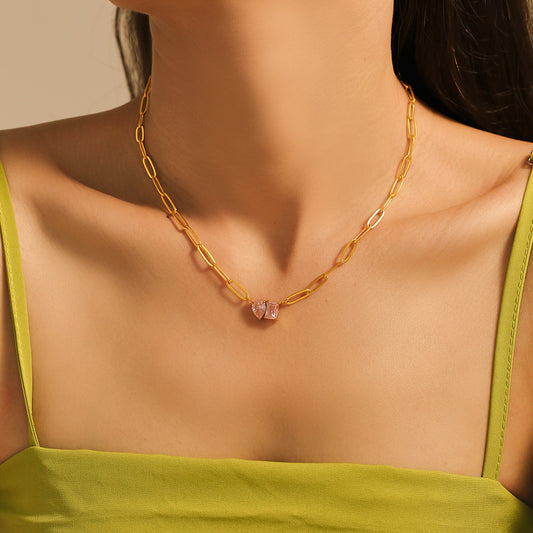 Stainless Steel 18K Gold Plated Water Drop Square Zircon Sweet Necklace