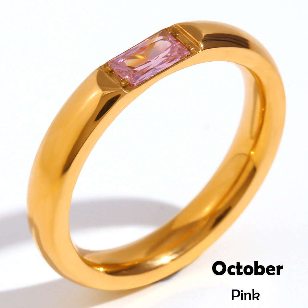 Stainless Steel Plated 18K Gold Rectangular Zircon Birthstone Ring For Women