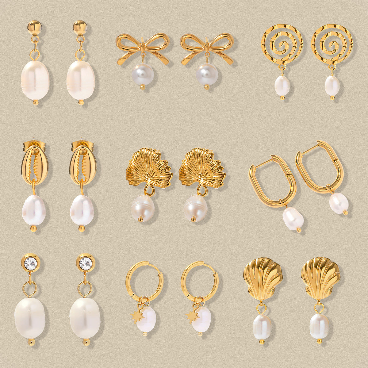18k Gold Stainless Steel Freshwater Pearl Ginkgo Pendant Earrings