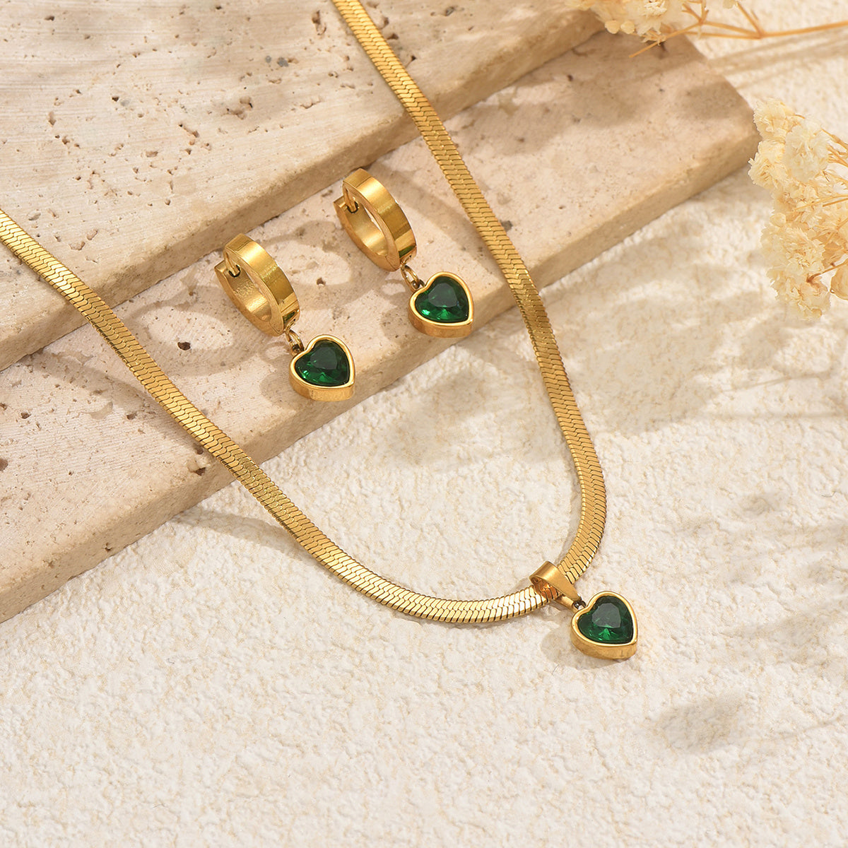 Lxalry 18K Gold Plated Stainless Steel Green Heart Jewelry Set For Women - Waterproof Hypoallergenic Elegant Necklace And Earrings Gift For Birthday Wedding Anniversary Christmas Daily Wear