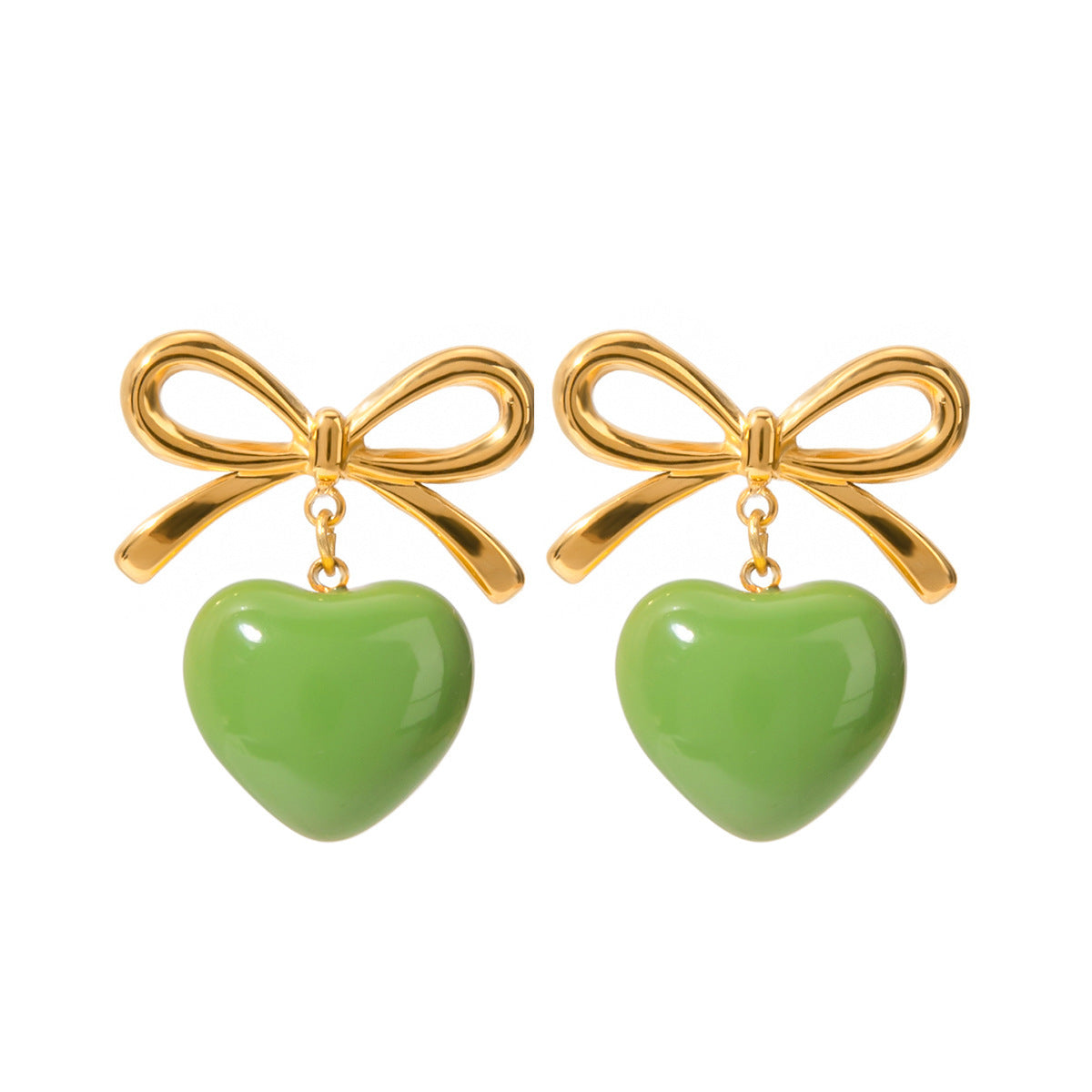 18K Gold Stainless Steel Bow Green Heart Earrings