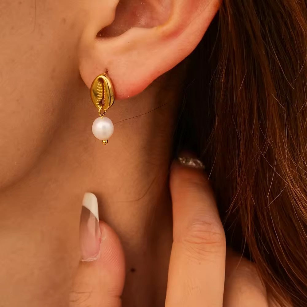 18k Gold Stainless Steel Freshwater Pearl Ginkgo Pendant Earrings