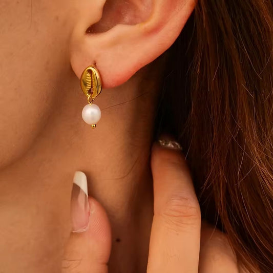 18k Gold Stainless Steel Freshwater Pearl Ginkgo Pendant Earrings