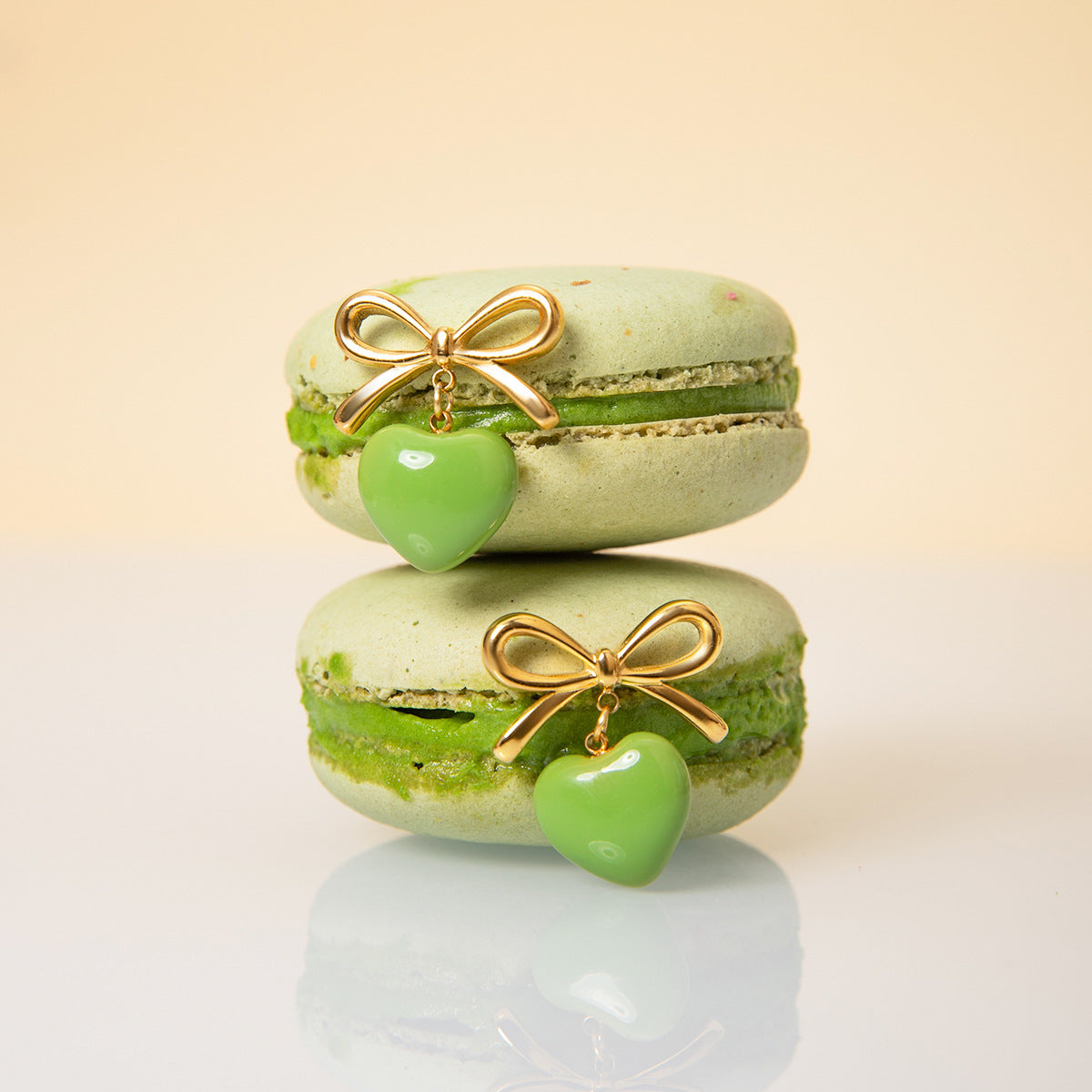 18K Gold Stainless Steel Bow Green Heart Earrings