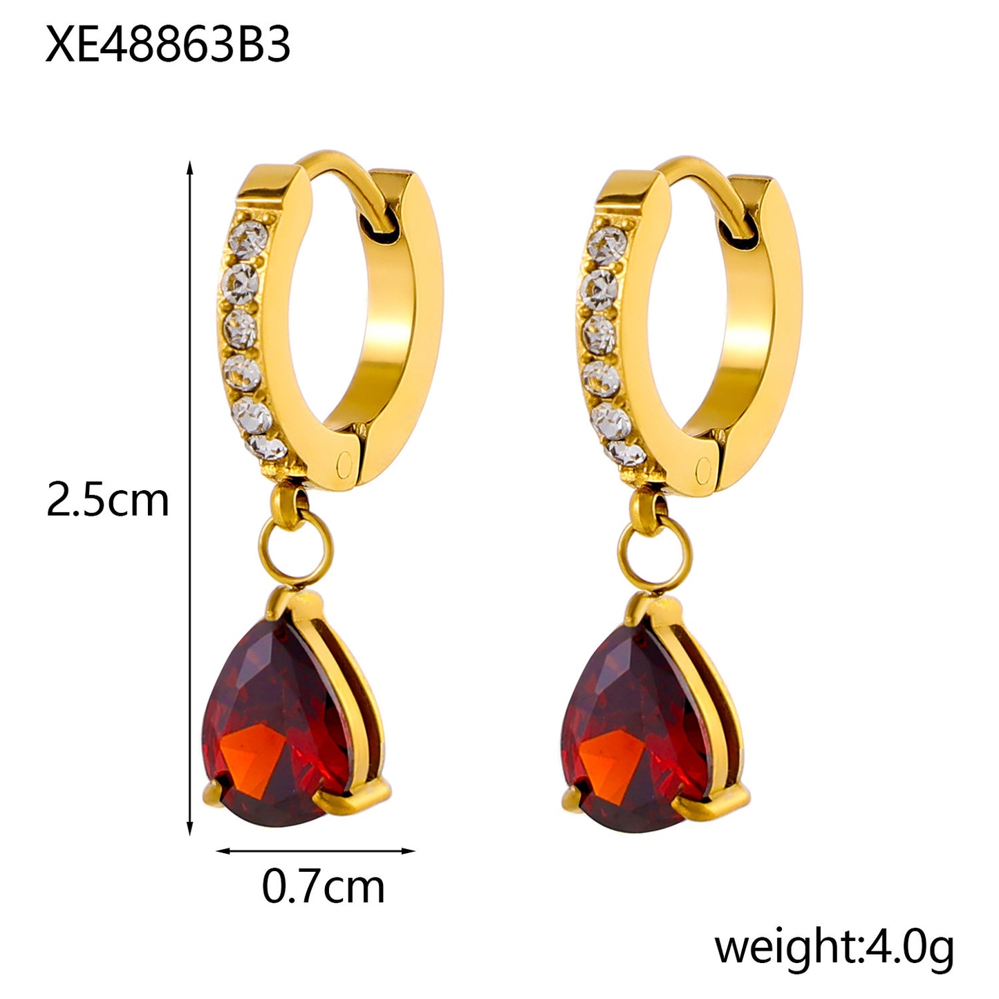Stainless Steel 18K Gold-plated Water Drop Color Zircon Earrings