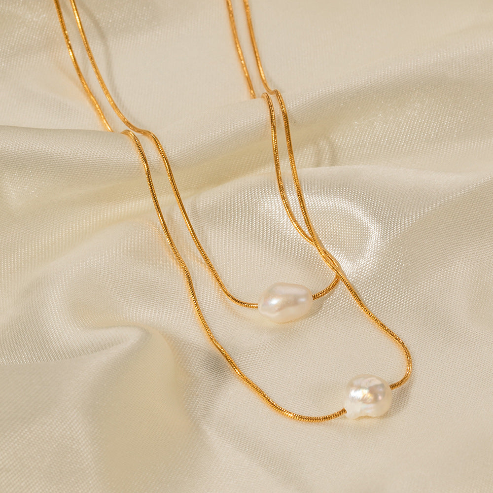 Pearl Necklace 18K Gold Stainless Steel Inlaid Freshwater Pearl Double Layer Non-fading Necklace