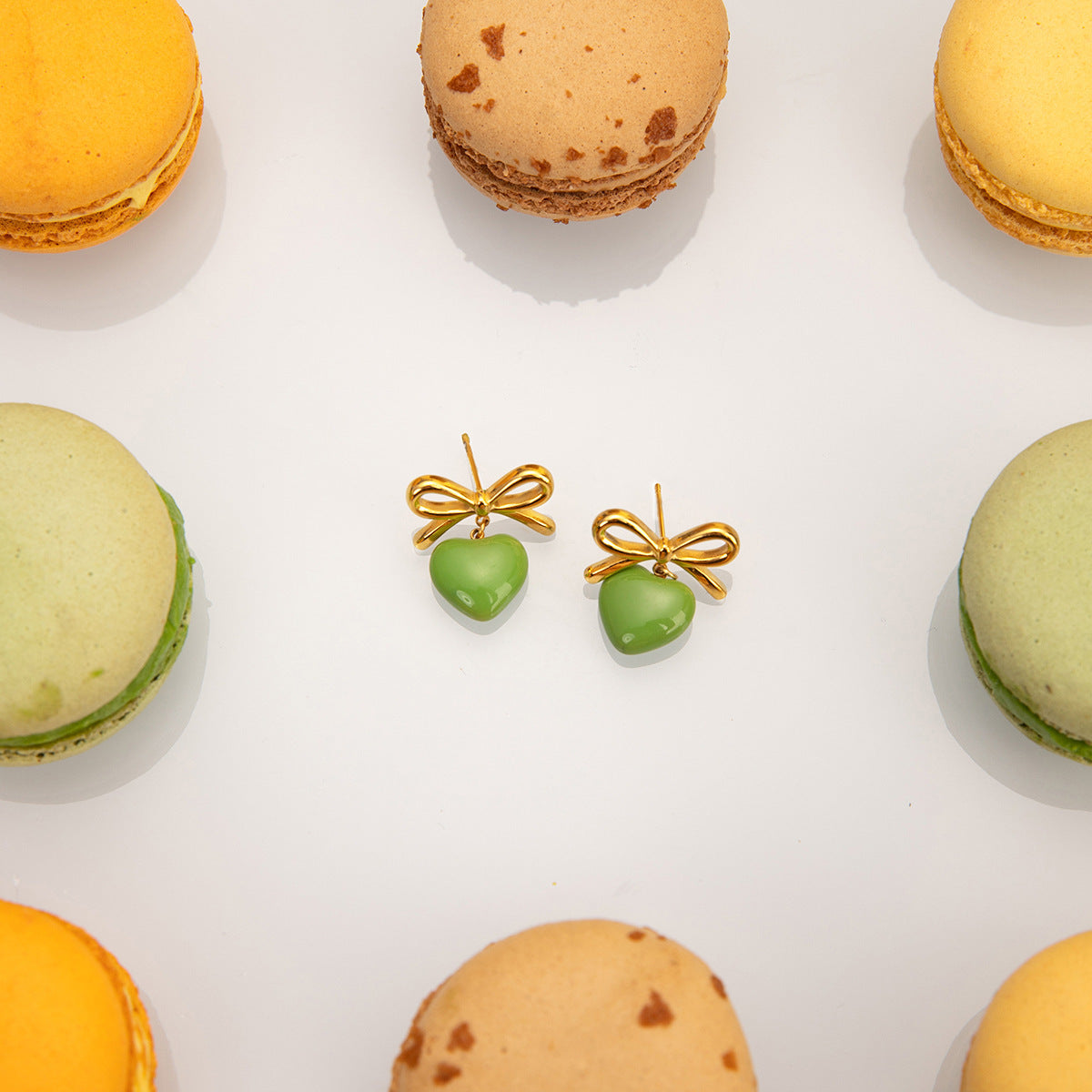 18K Gold Stainless Steel Bow Green Heart Earrings
