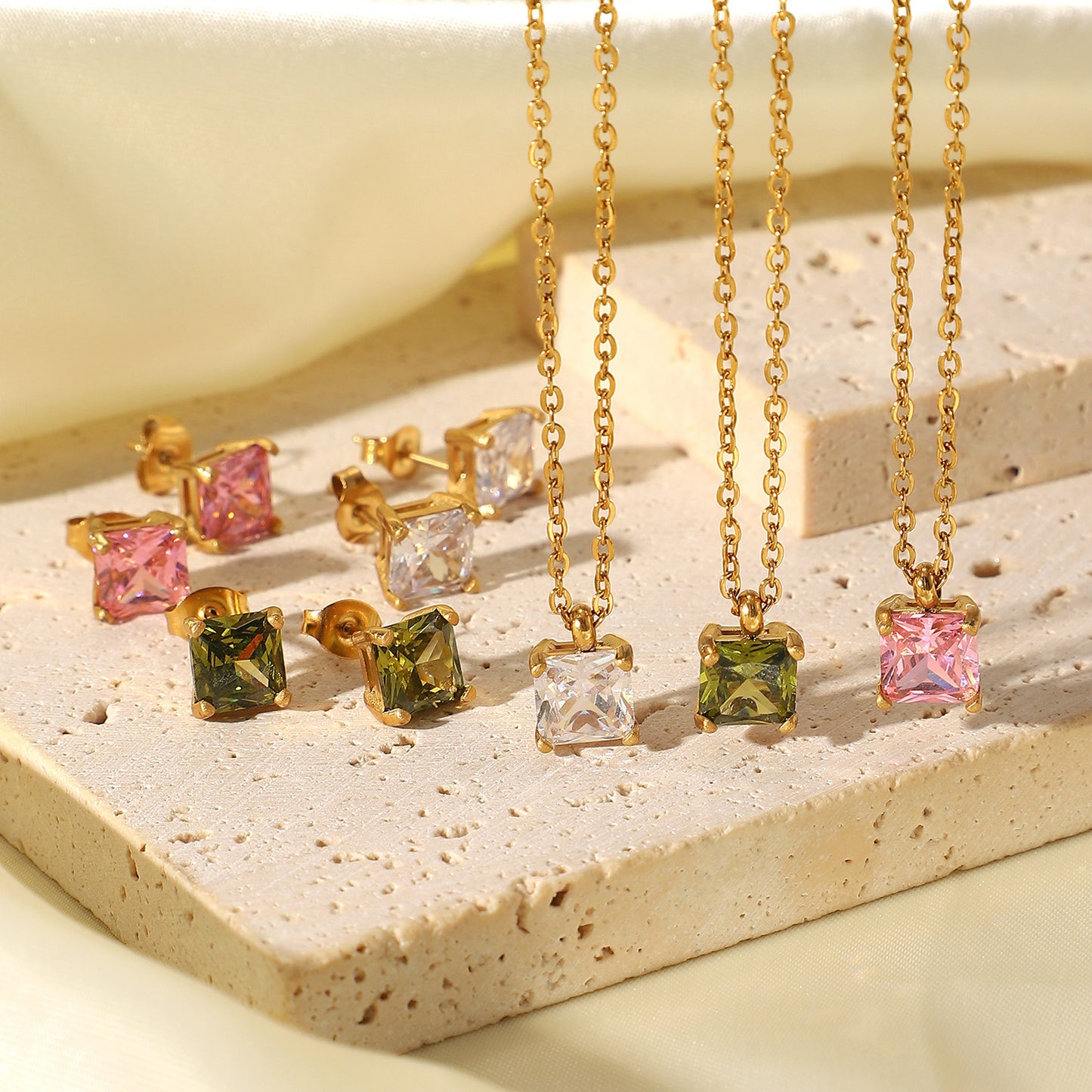 Stainless Steel White Green Square Zircon Pendant Necklace For Women