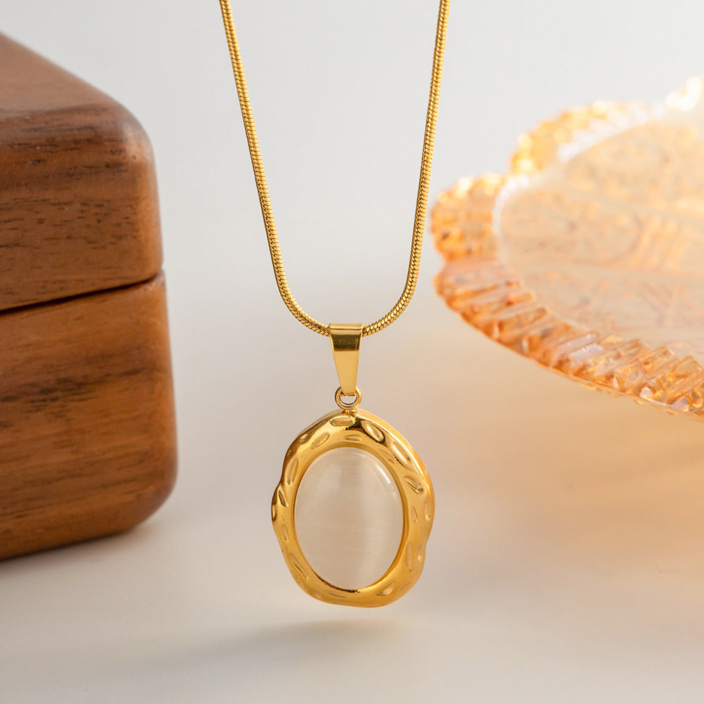 Luxury 18K Gold Plated Stainless Steel Oval Shape White Cat Eye Opal Stone Pendant Necklace