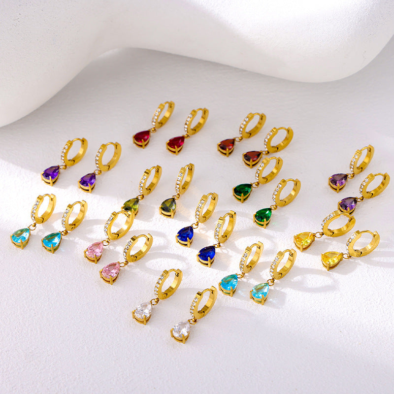 Stainless Steel 18K Gold-plated Water Drop Color Zircon Earrings