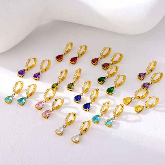 Stainless Steel 18K Gold-plated Water Drop Color Zircon Earrings