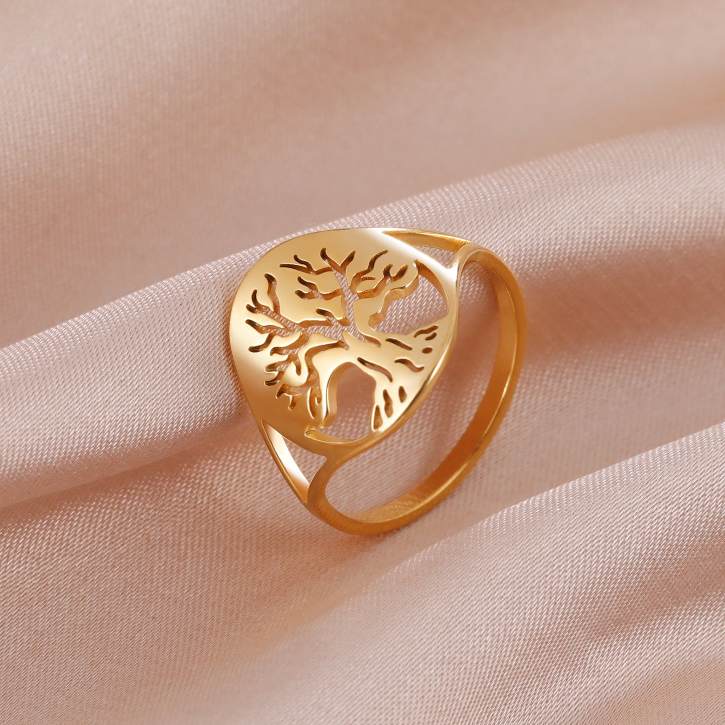 18K Real Gold Plating Non-fading Titanium Steel Hollow Small Tree Shape Stainless Steel Ring