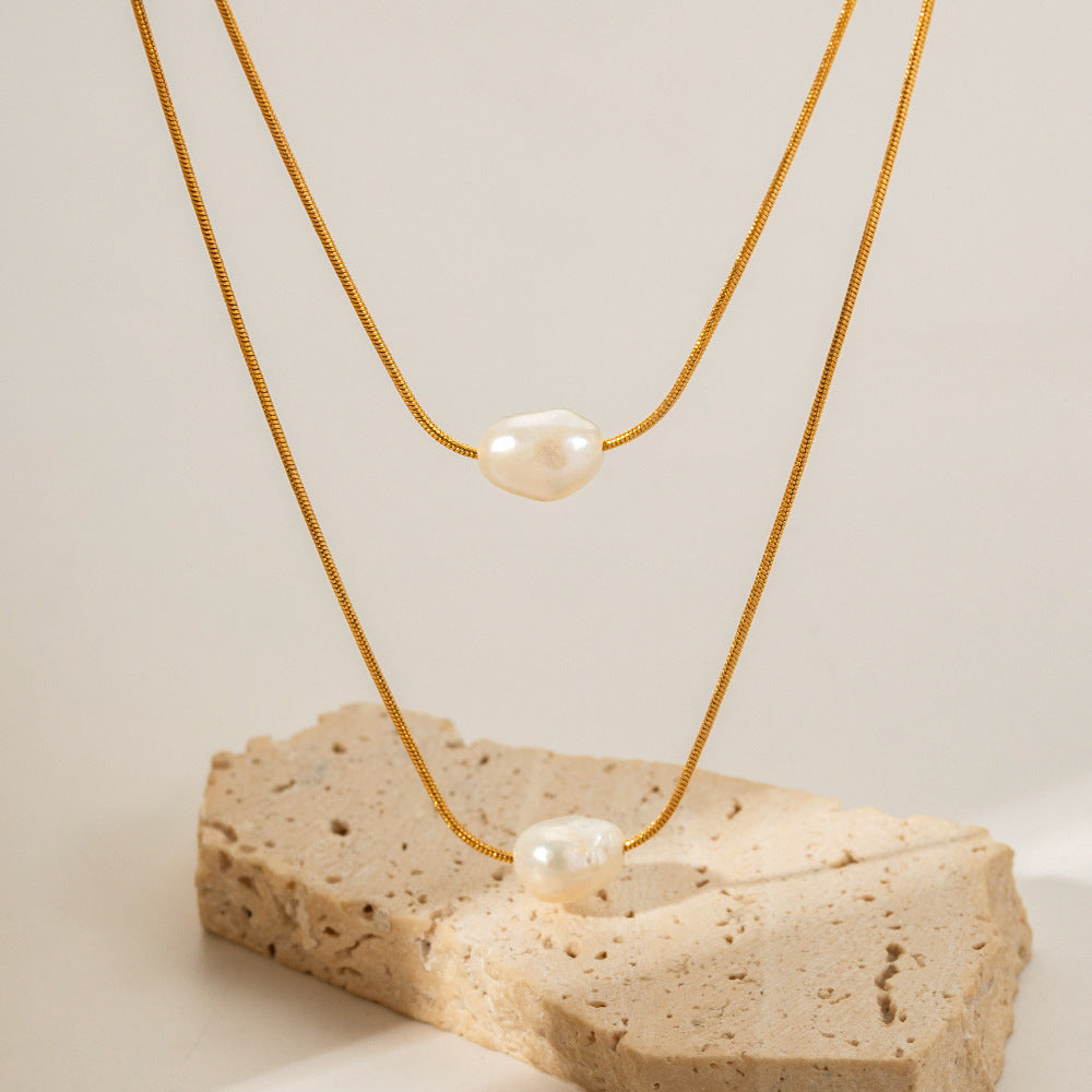 Pearl Necklace 18K Gold Stainless Steel Inlaid Freshwater Pearl Double Layer Non-fading Necklace