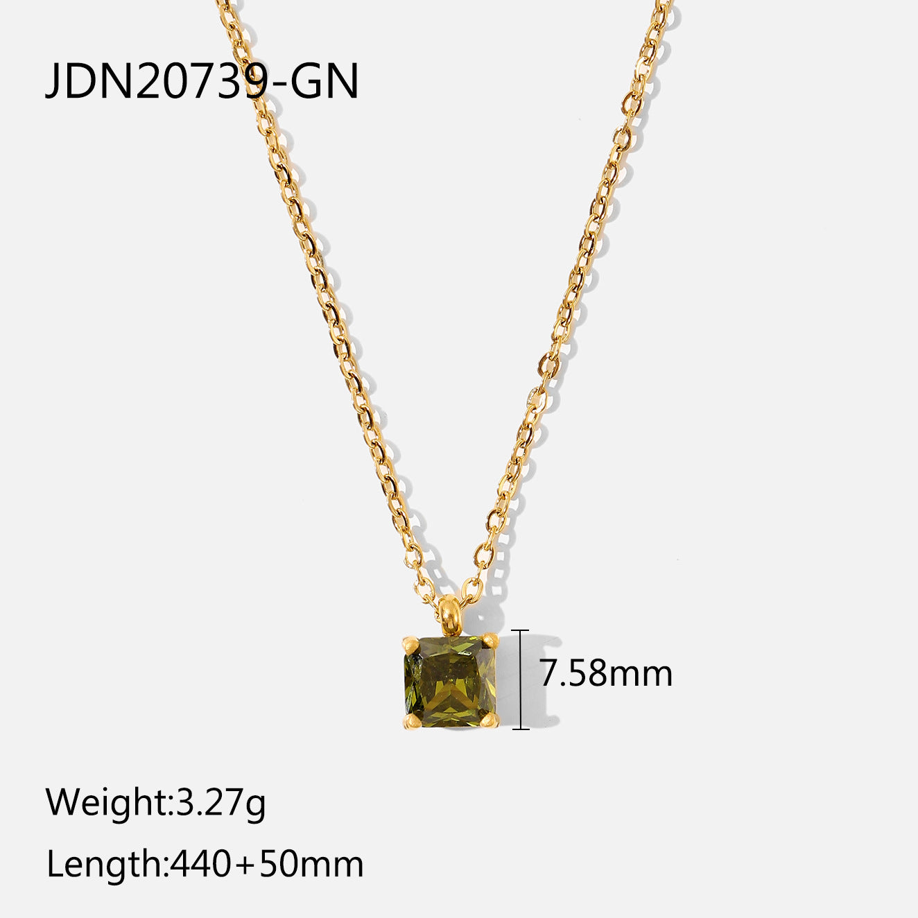Stainless Steel White Green Square Zircon Pendant Necklace For Women