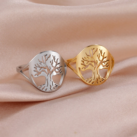 18K Real Gold Plating Non-fading Titanium Steel Hollow Small Tree Shape Stainless Steel Ring
