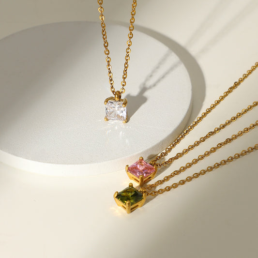 Stainless Steel White Green Square Zircon Pendant Necklace For Women
