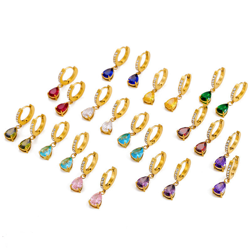 Stainless Steel 18K Gold-plated Water Drop Color Zircon Earrings