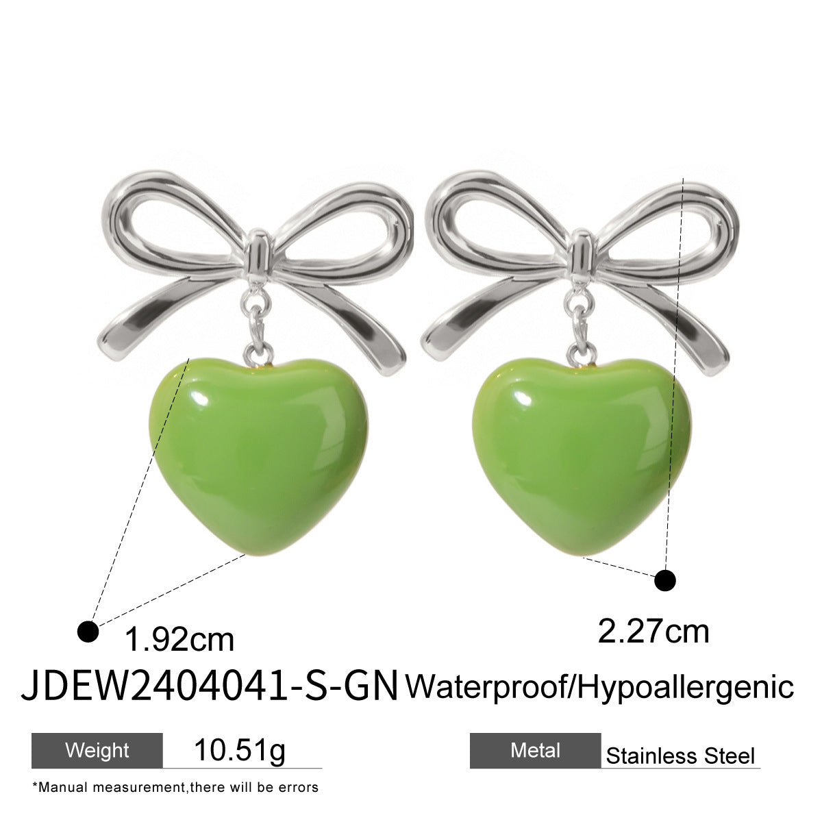 18K Gold Stainless Steel Bow Green Heart Earrings
