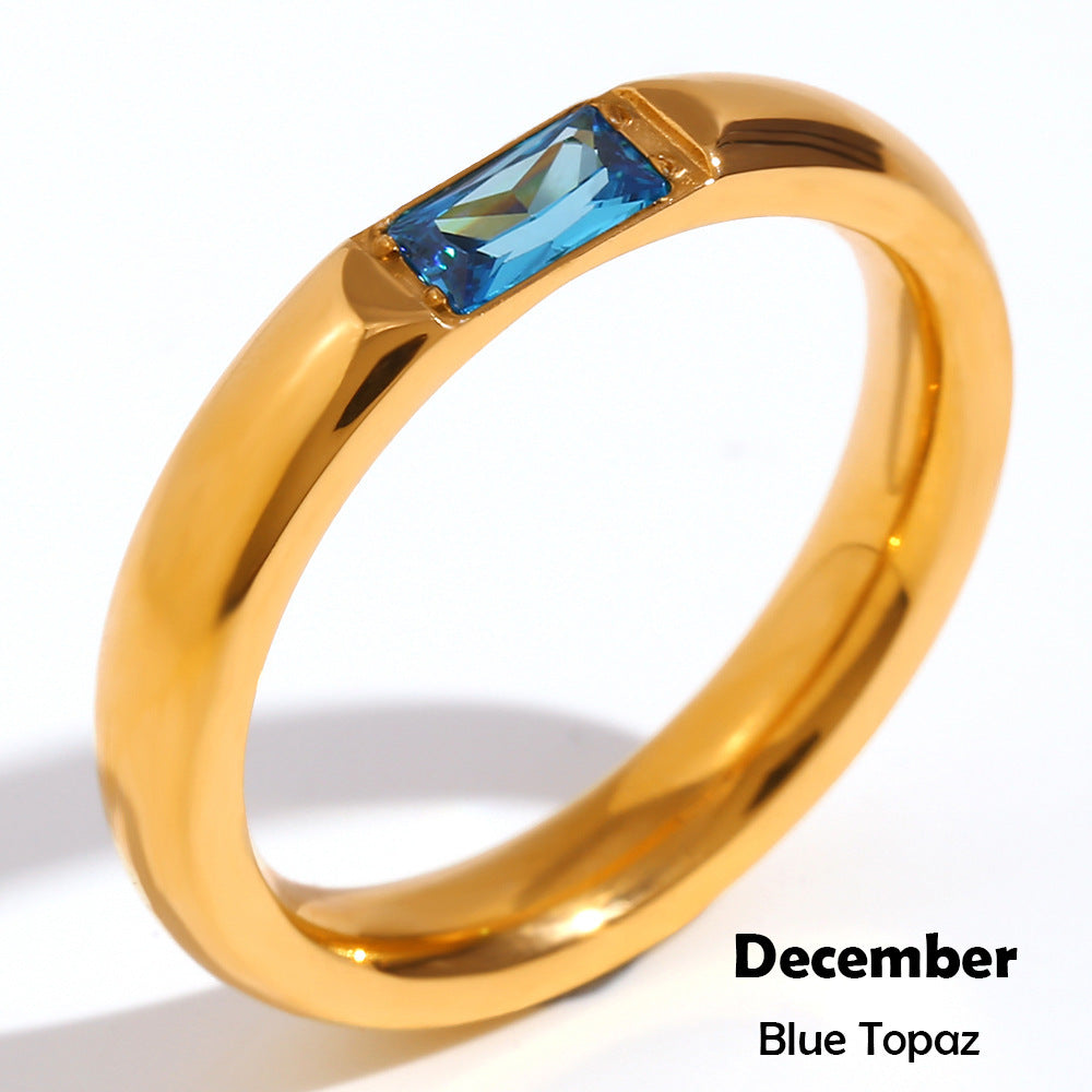 Stainless Steel Plated 18K Gold Rectangular Zircon Birthstone Ring For Women