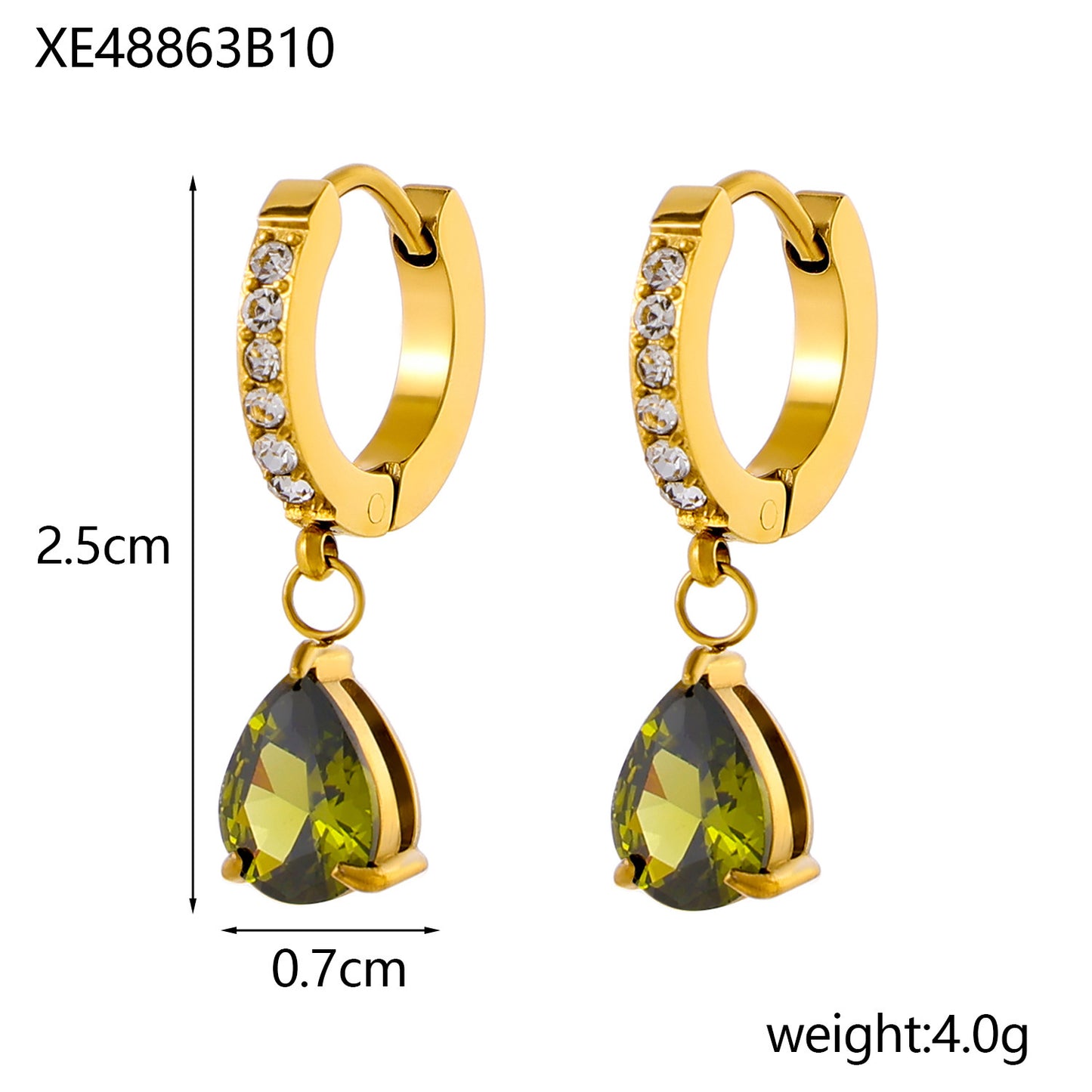 Stainless Steel 18K Gold-plated Water Drop Color Zircon Earrings
