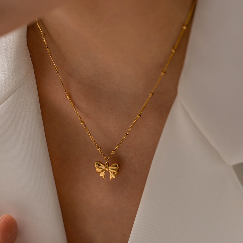 Exquisite Light Luxury 18K Gold Stainless Steel Bead Chain Butterfly Pendant Necklace