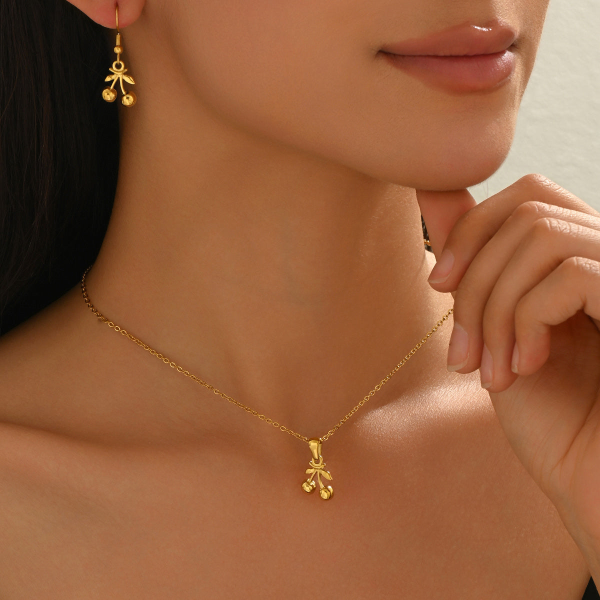 Lxalry 18K Gold Plated Stainless Steel Cherry Pendant Necklace And Earrings Set For Women - Cute Minimalist Jewelry For Daily Wear, Gifts, Summer Parties, And Anniversaries - Waterproof & Hypoallergen