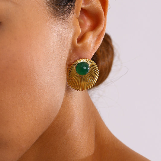 Stainless Steel Green Agate Threaded Round Earrings