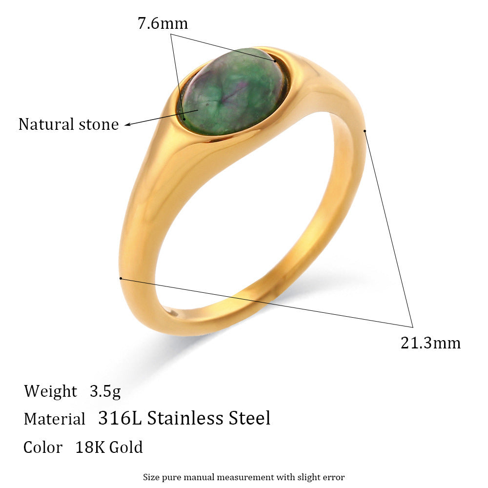 Stainless Steel Plated 18K Gold Oval Natural Stone Ring
