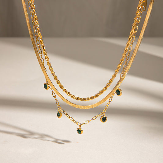 Stainless Steel Green Rhinestone Multi-layer Twin Necklace