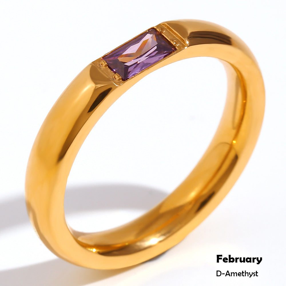 Stainless Steel Plated 18K Gold Rectangular Zircon Birthstone Ring For Women