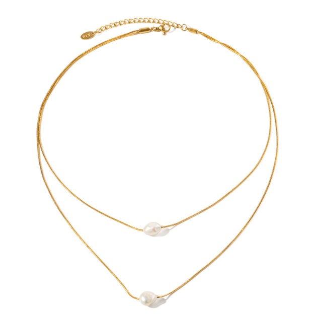 Pearl Necklace 18K Gold Stainless Steel Inlaid Freshwater Pearl Double Layer Non-fading Necklace