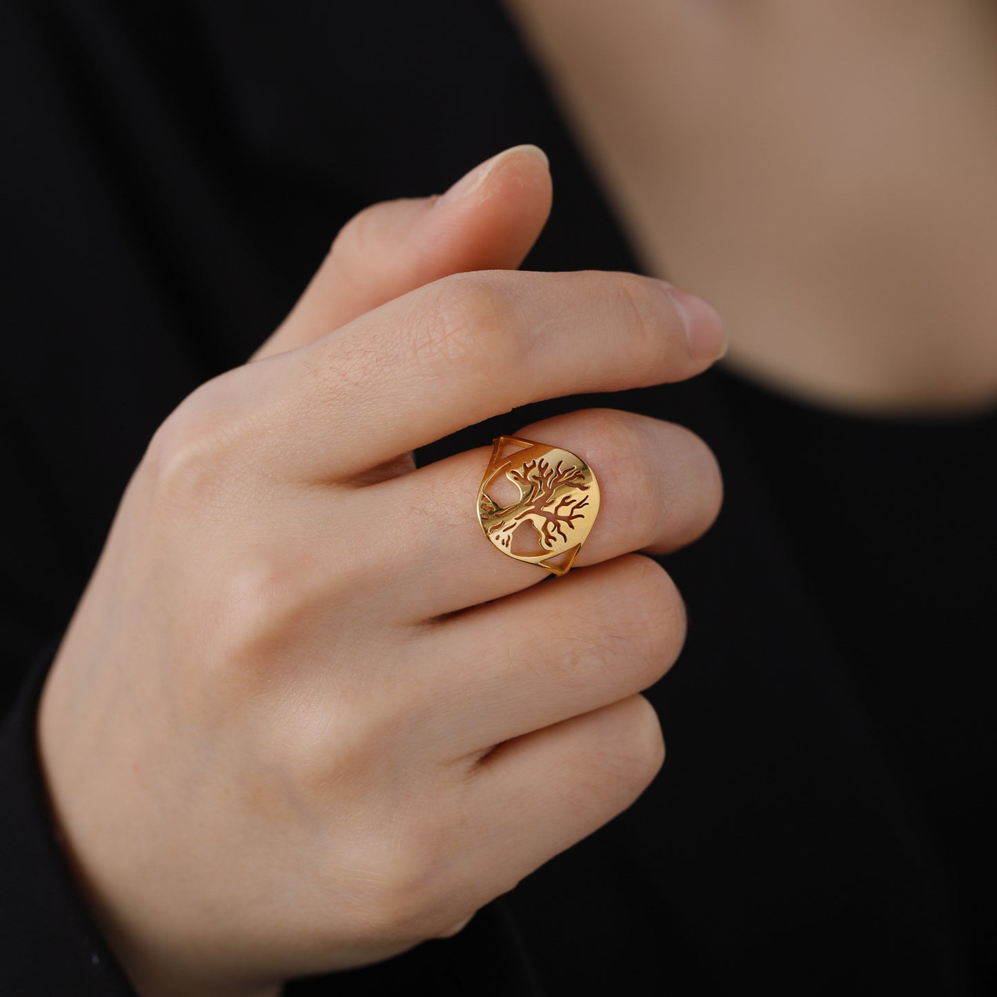 18K Real Gold Plating Non-fading Titanium Steel Hollow Small Tree Shape Stainless Steel Ring