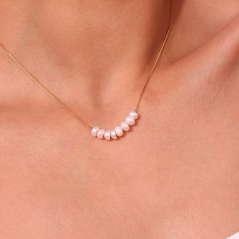 Stainless Steel Plated 18K Gold Freshwater String Of Pearls Pendant Necklace For Women