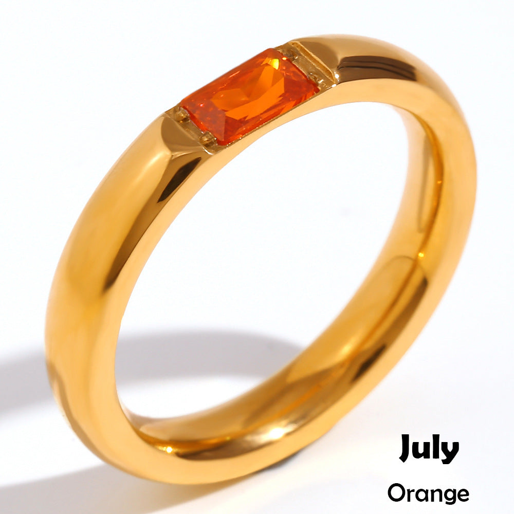 Stainless Steel Plated 18K Gold Rectangular Zircon Birthstone Ring For Women