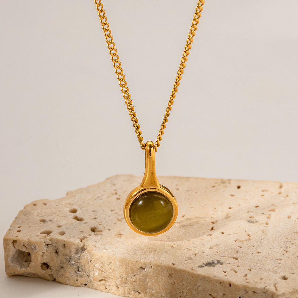 18K Gold Olive Green Opal Stainless Steel Pendant Necklace