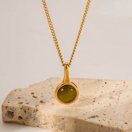 18K Gold Olive Green Opal Stainless Steel Pendant Necklace