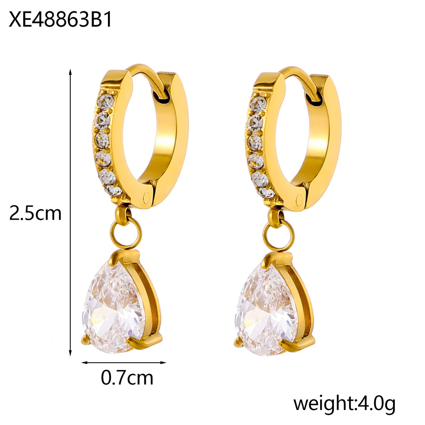 Stainless Steel 18K Gold-plated Water Drop Color Zircon Earrings