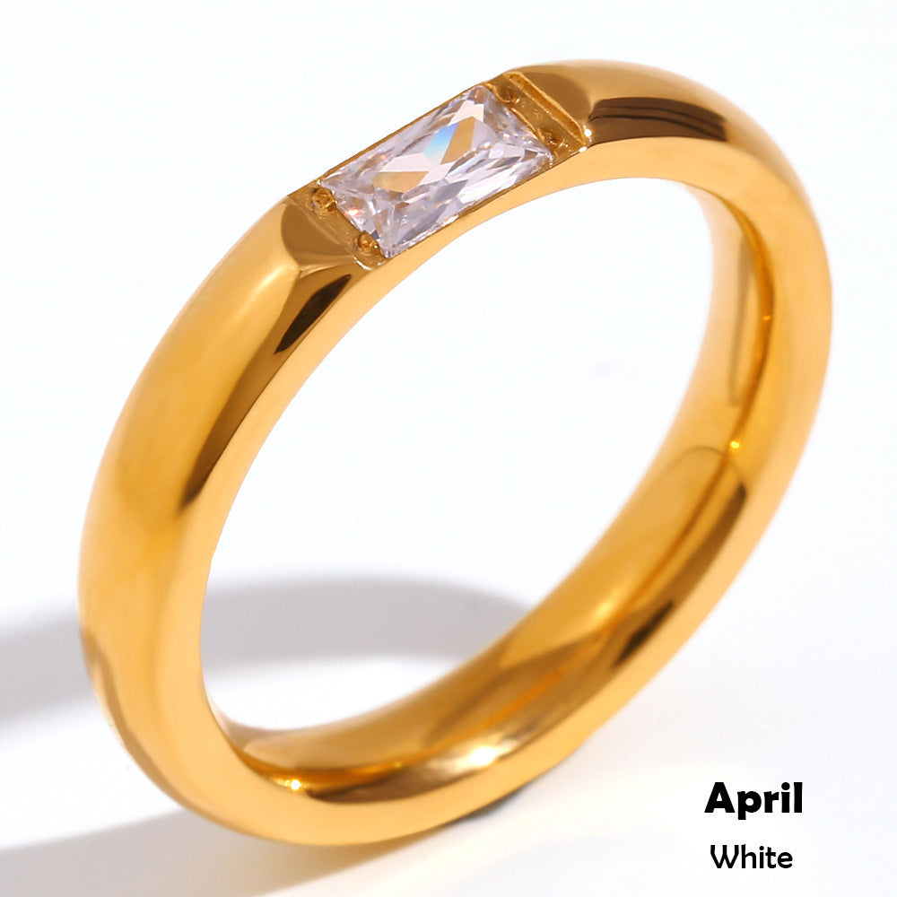 Stainless Steel Plated 18K Gold Rectangular Zircon Birthstone Ring For Women