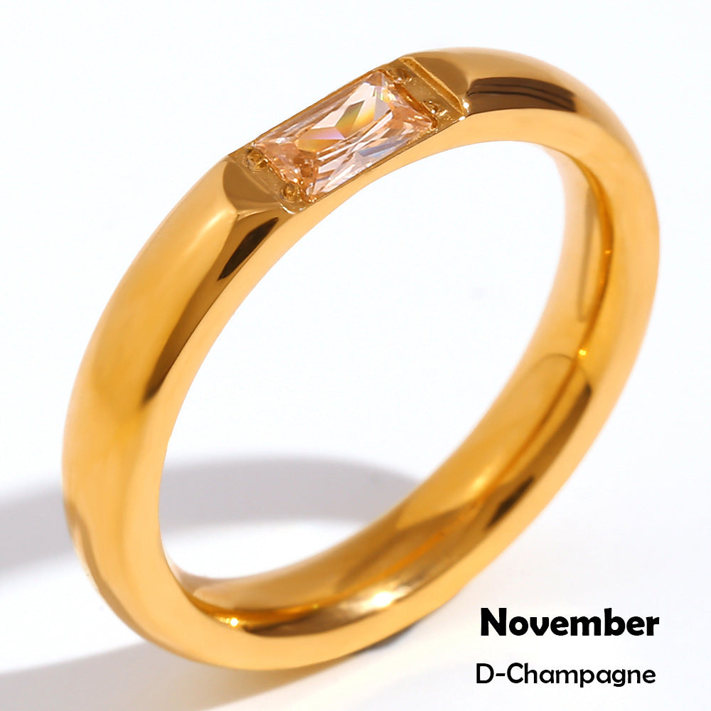 Stainless Steel Plated 18K Gold Rectangular Zircon Birthstone Ring For Women